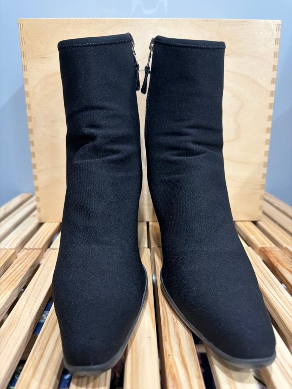 Prada Black Knit Sock Ankle Boots – Logo Tape, 3.5" Heel, Size 38.5
